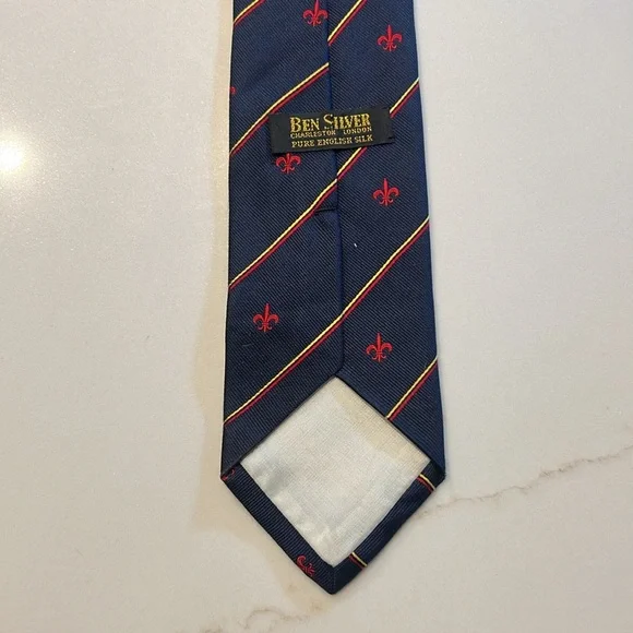 Ben Silver Fleur de Lys Pure English silk Necktie Tie - Picture 2 of 4